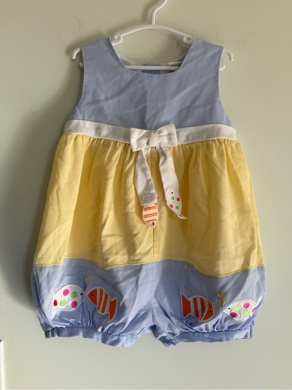 Vintage B.T. Kids Blue & Yellow Baby Bubble Romper with Fish Appliqué
